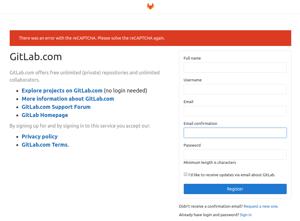 Gitlab Missing Robot Captcha
