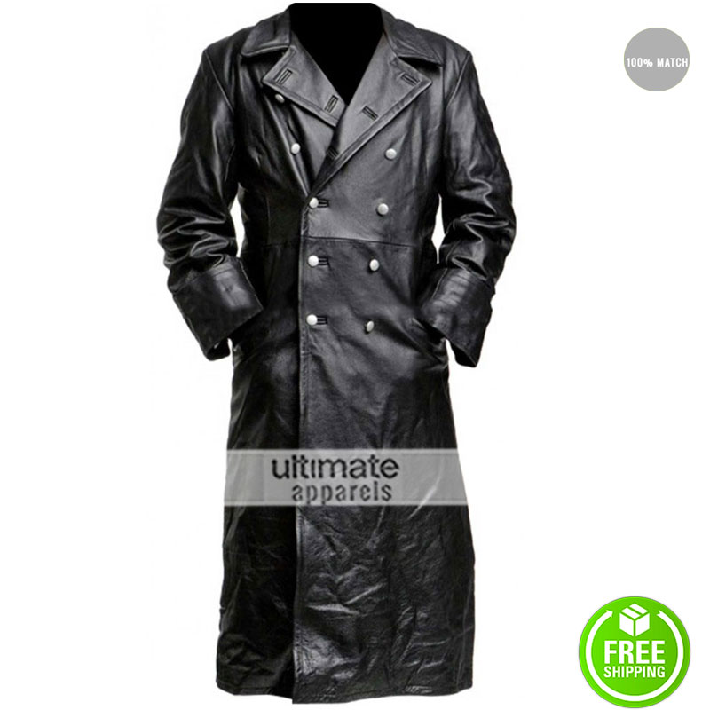 German Classic Officer Black Leather Coat