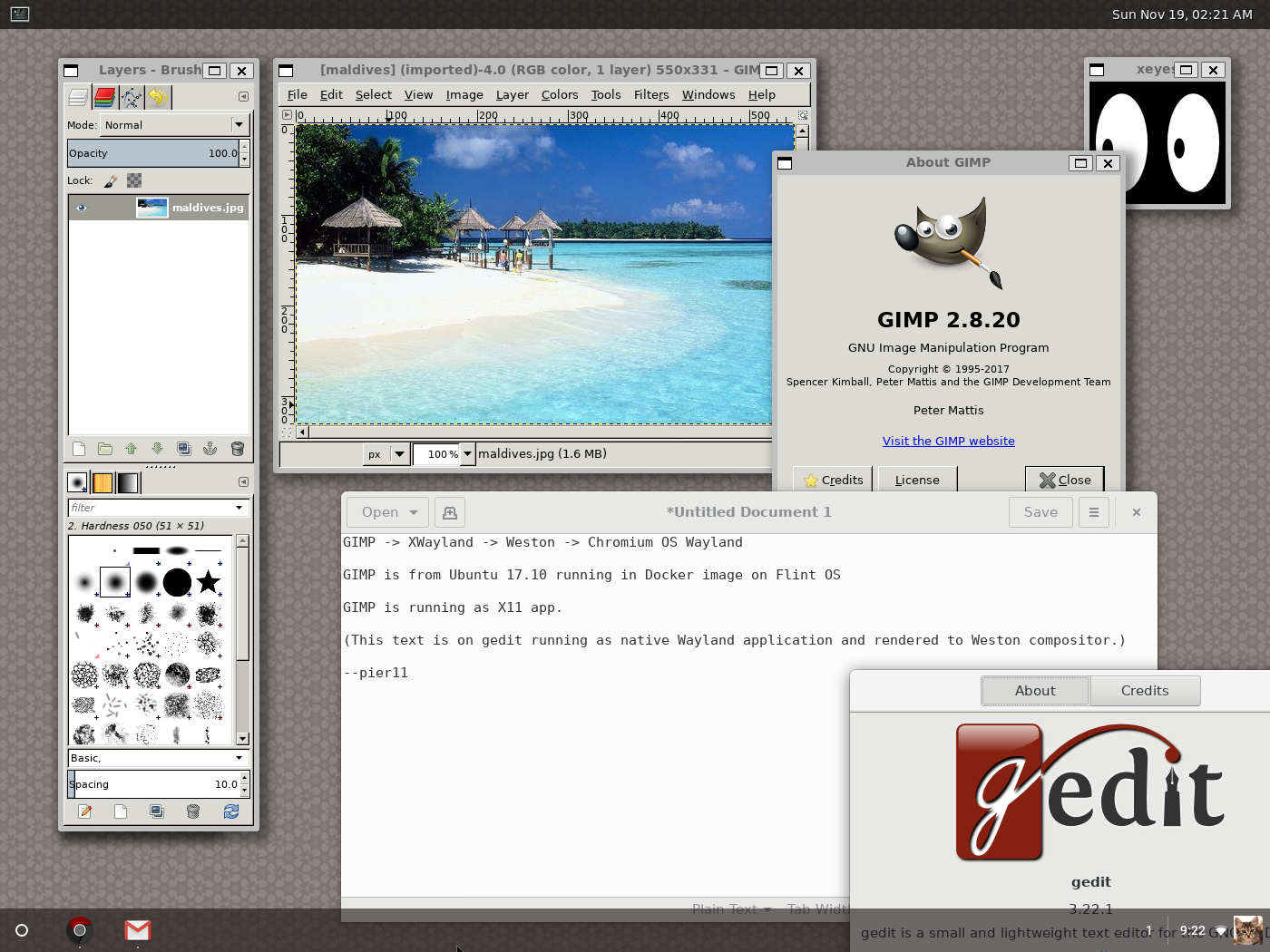 GIMP on Chromium OS via Docker, XWayland, Weston