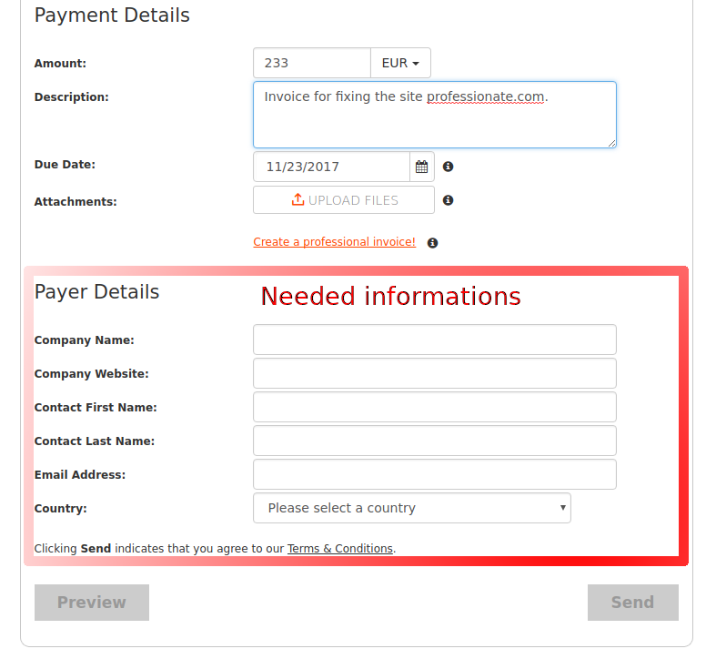 Needed information for invoice