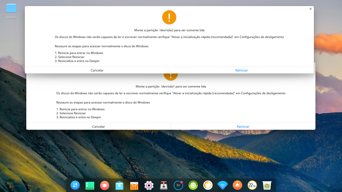 Deepin mensagem de erro na partição Windows