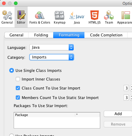 Netbeans config for imports