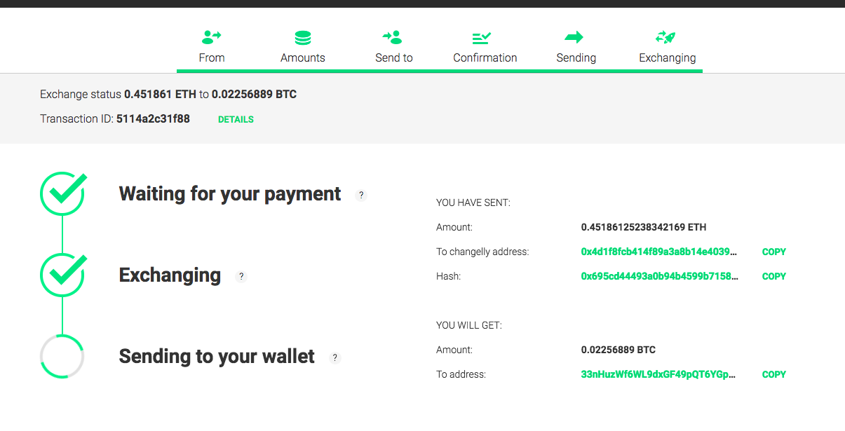 Changelly Screenshot - ETH to BTC Conversion