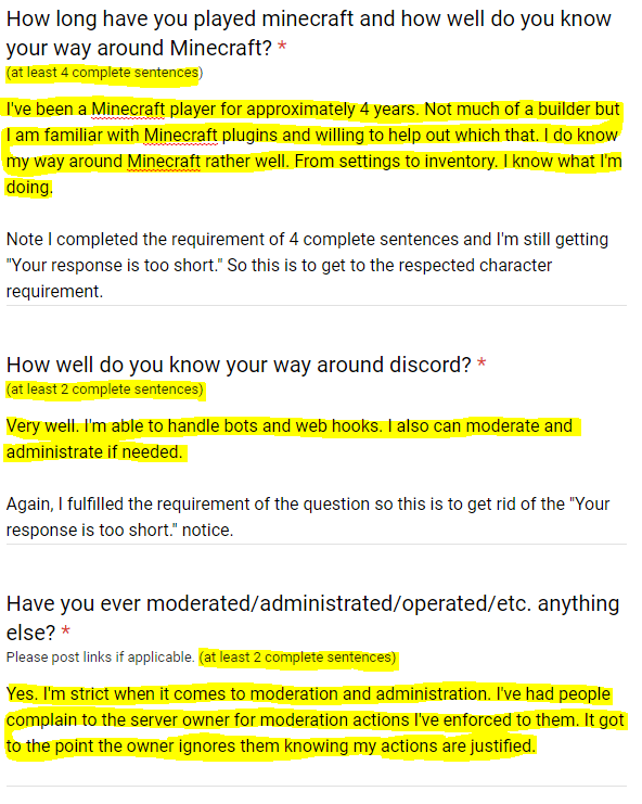 ArcticForestMC Application Responses not good enough