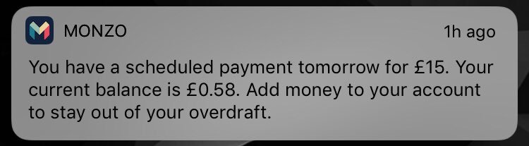 Monzo Overdraft notification
