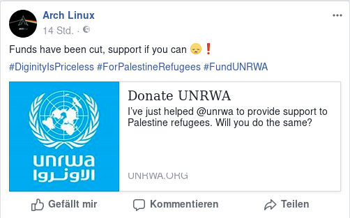 facebook arch linux group asking for unrwa.org donations post 10156178349496170
