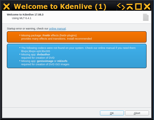kdenlive complaining about missing frei0r plugins and codecs