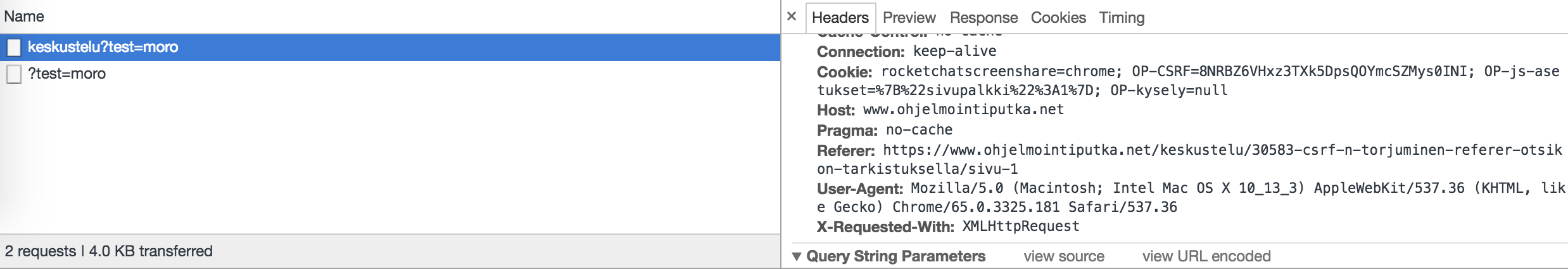 Esimerkki developer toolsilla