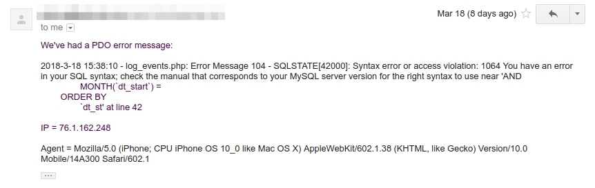 PDO Error Message Email