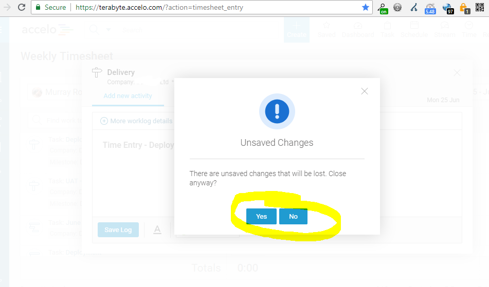 Screenshot of Accelo usability issue