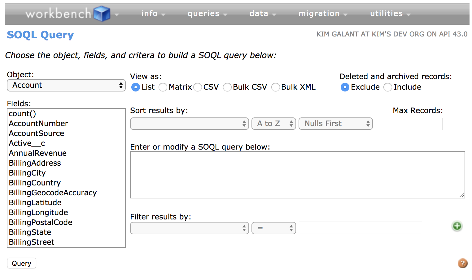 New query screen