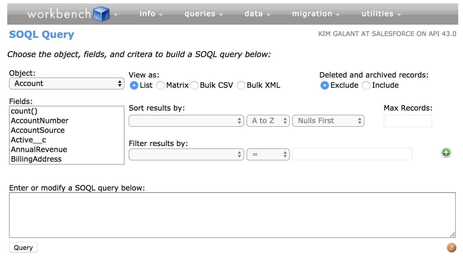 Current query screen