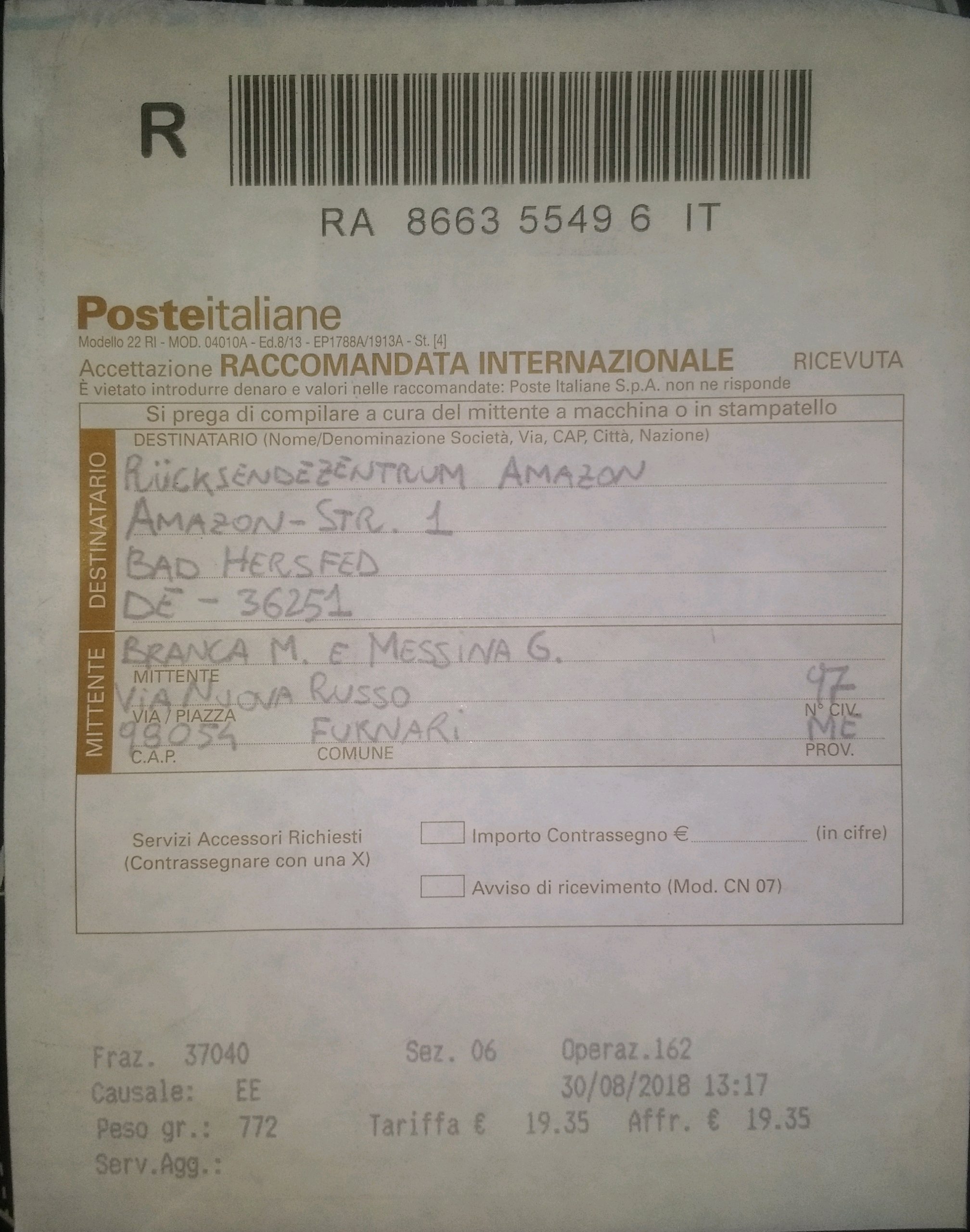 Bahco plier's returning receipt.