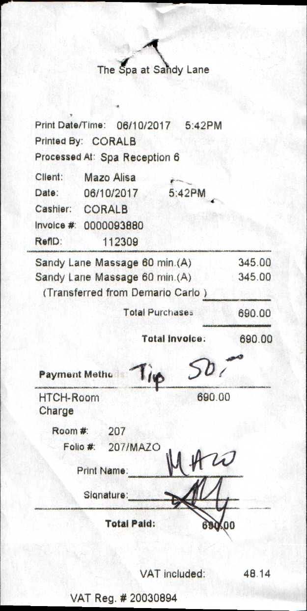 Alisa Mazo Carlo DeMaria Spa Receipt