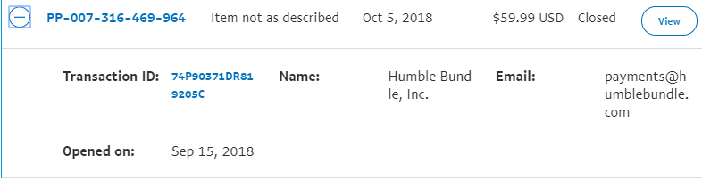 Paypal Closed Dispute: Humble Bundle