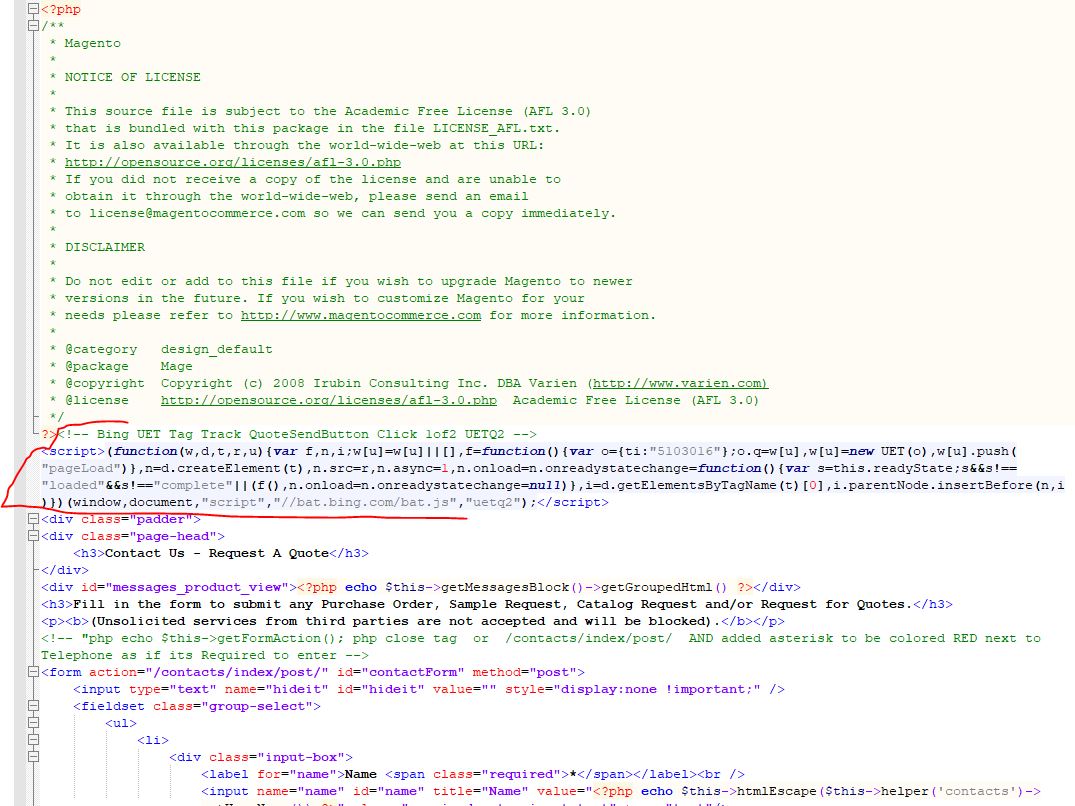 UET Tag above the form just on the direct page of CONTACTS page