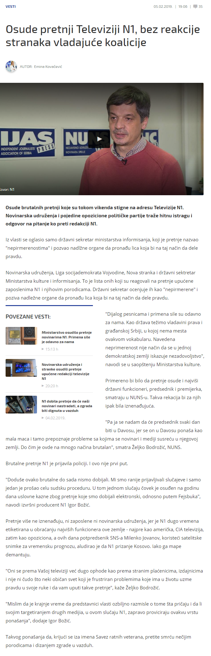 OsudepretnjiTelevizijiN1bezreakcijestranakavladajuekoalicijeN1Srbija.png