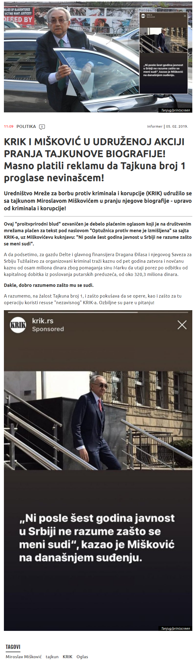 KRIKIMIKOVIUUDRUENOJAKCIJIPRANJATAJKUNOVEBIOGRAFIJEMasnoplatilireklamudaTajkunabroj1proglasenevinacem-Informer.png