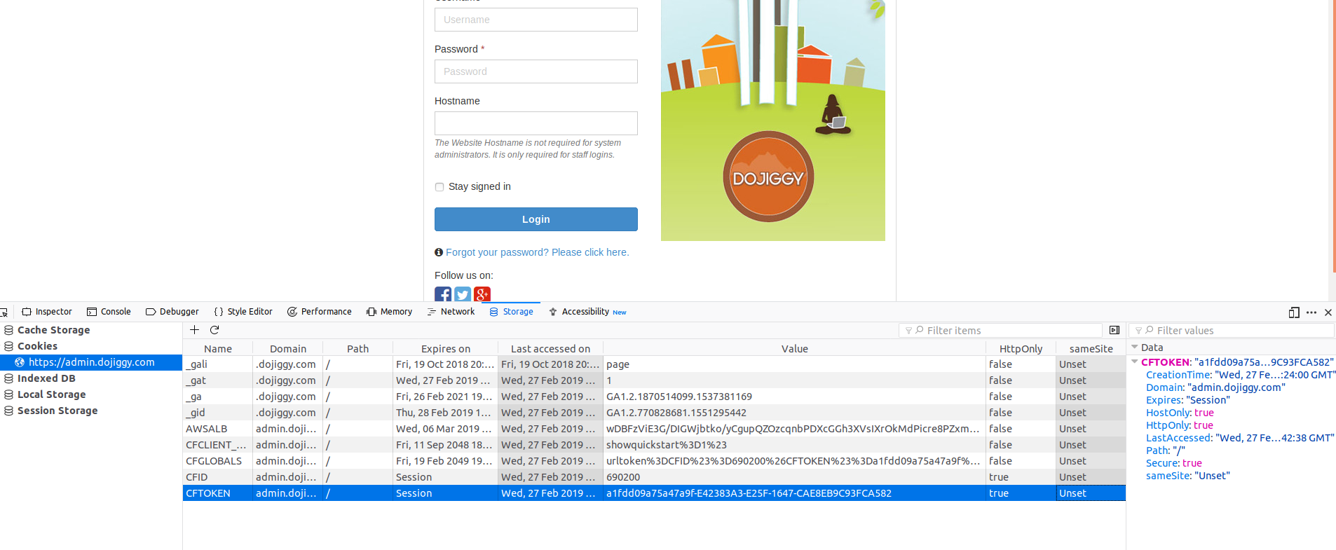 DoJiggy CFID session cookie secure FireFox