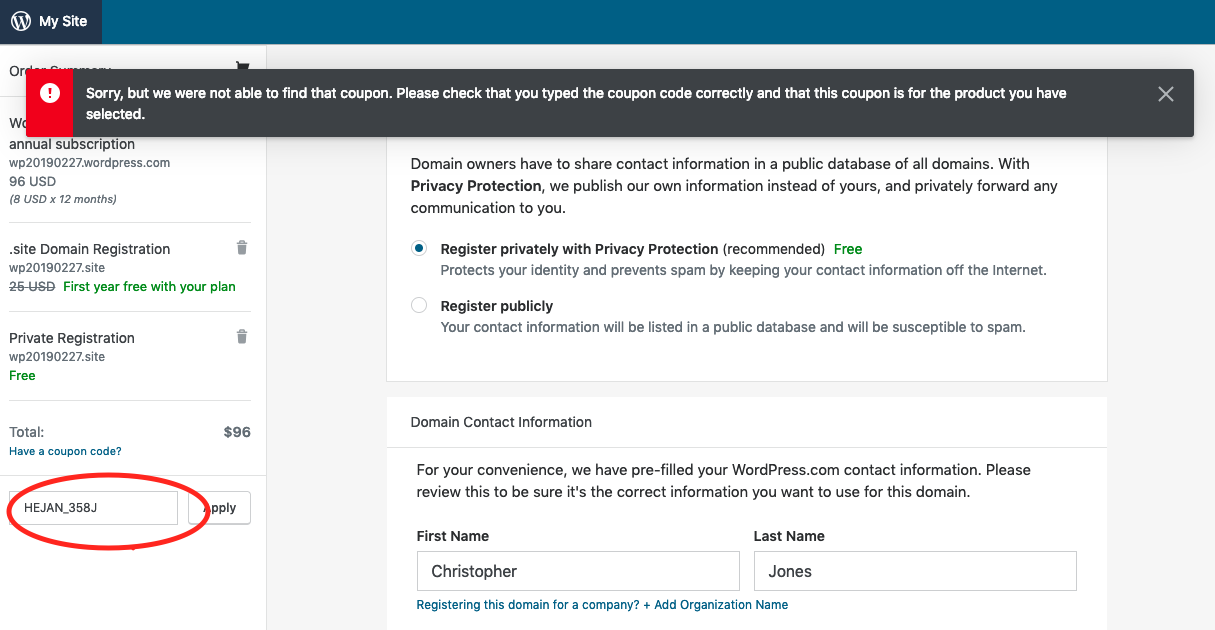 WordPress.com Premium Plan Error Message