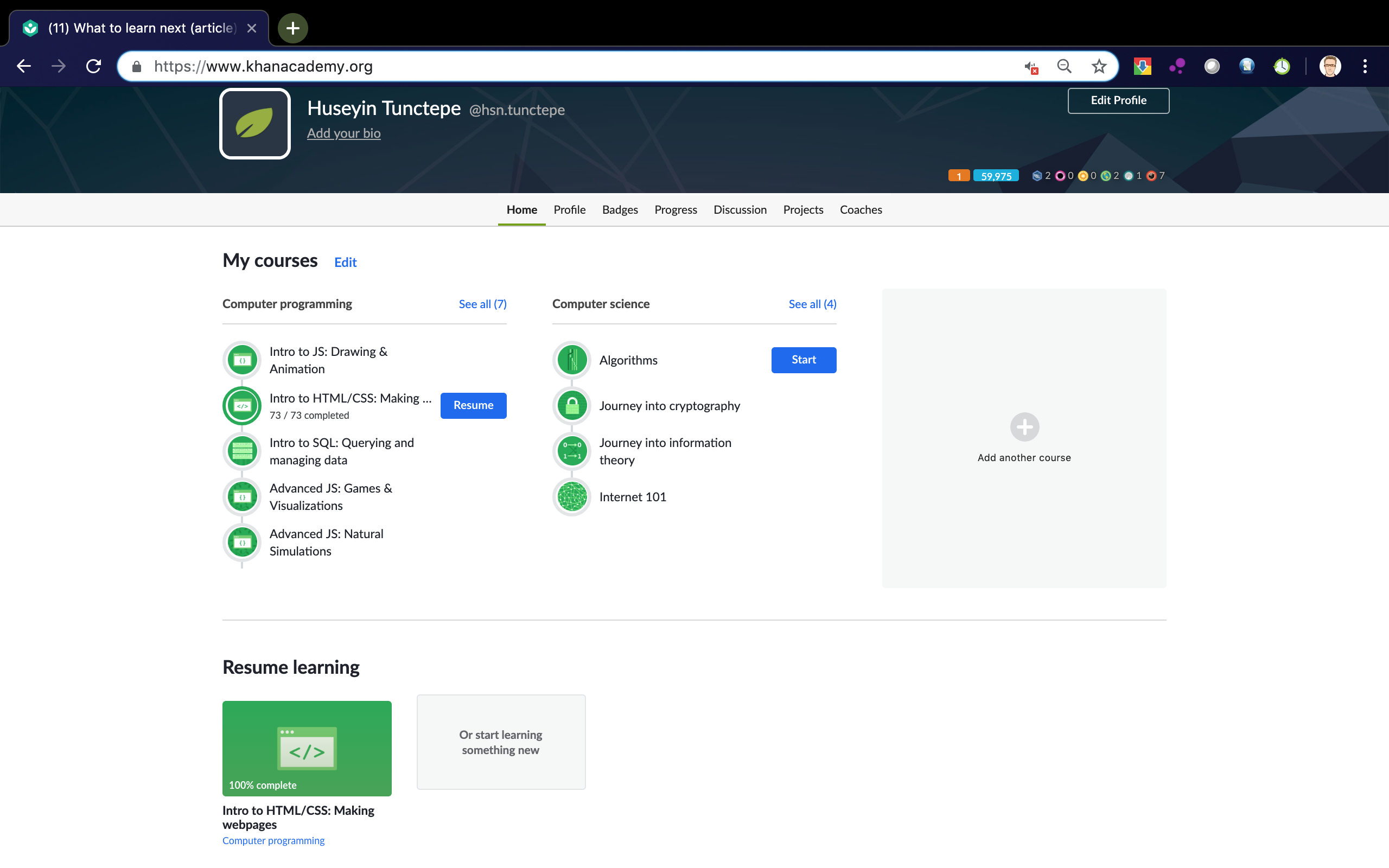 Huseyin Tunctepe HTML/CSS Course Completion Screenshot
