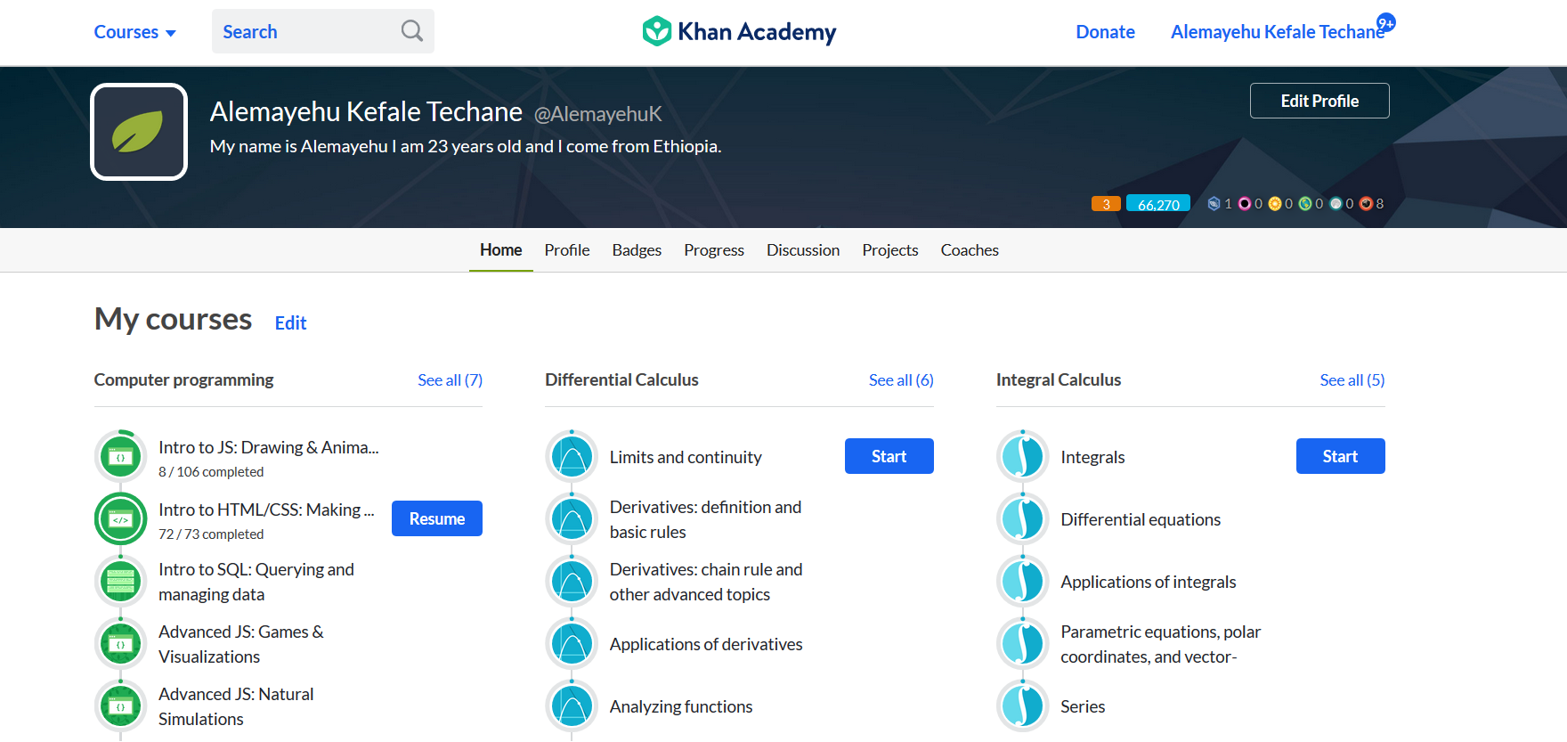 khan acadamy courses taken