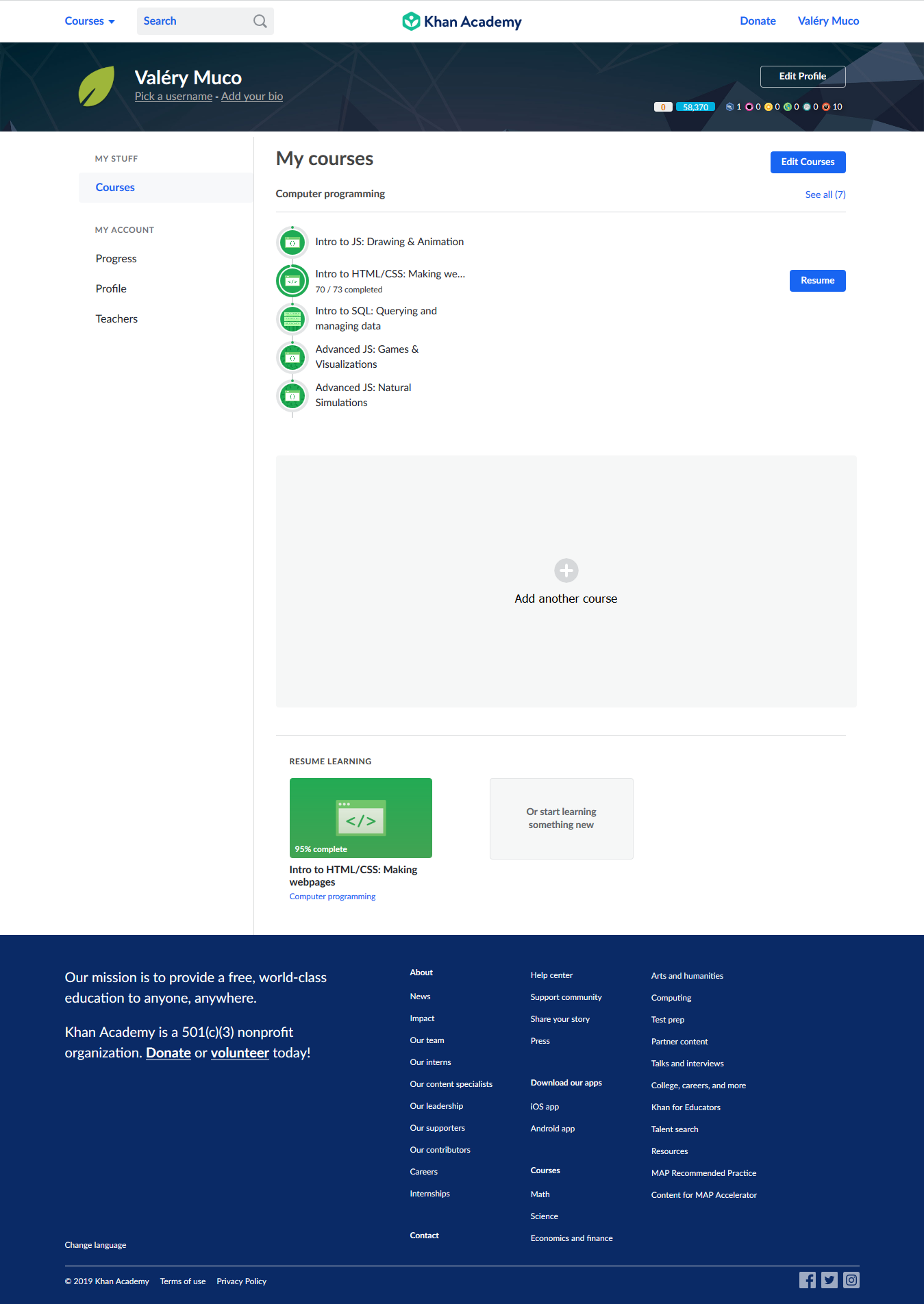 Screenshot khan Academy Muco profile