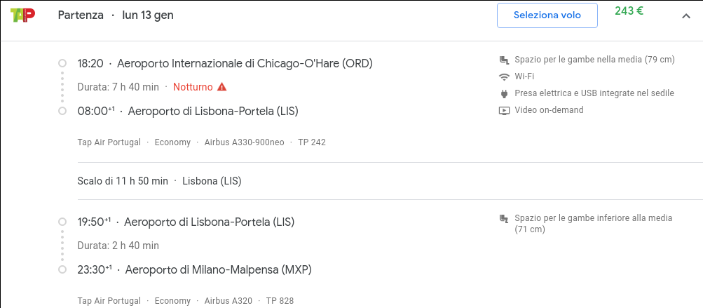 Flight  ORD-LIS-MXP Jan 13th