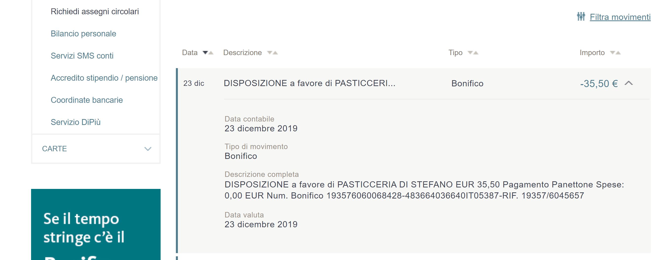versamento pasticceria Di Stefano