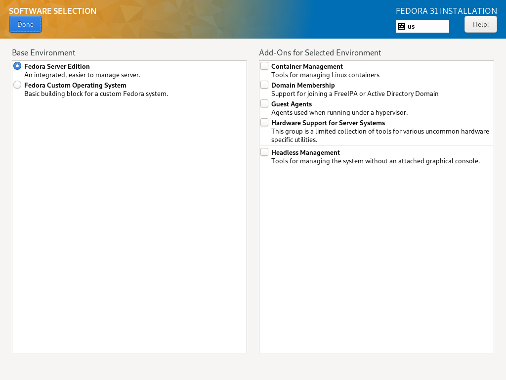 Fedora Server Installation Options