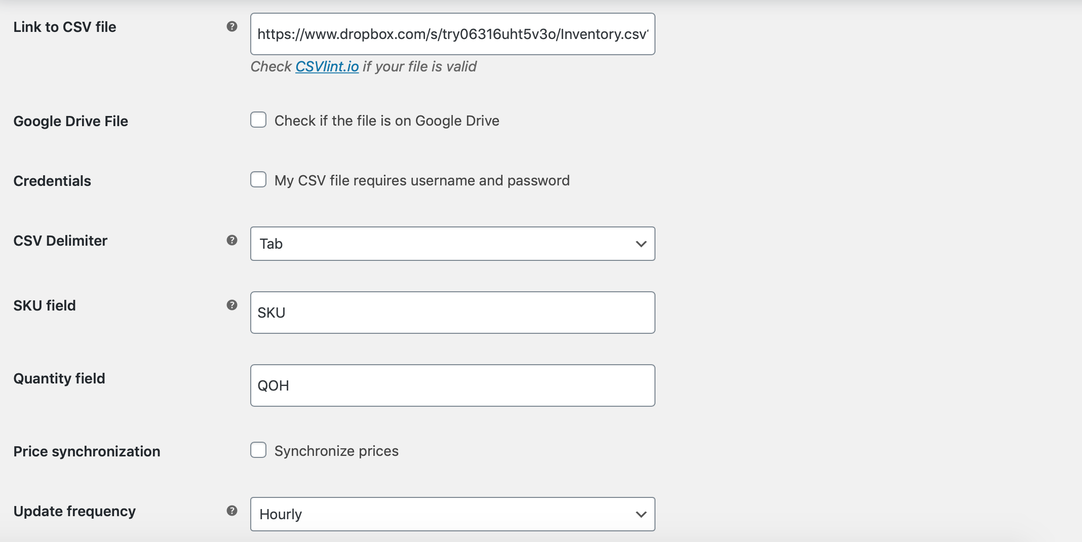 Stock Sync Settings
