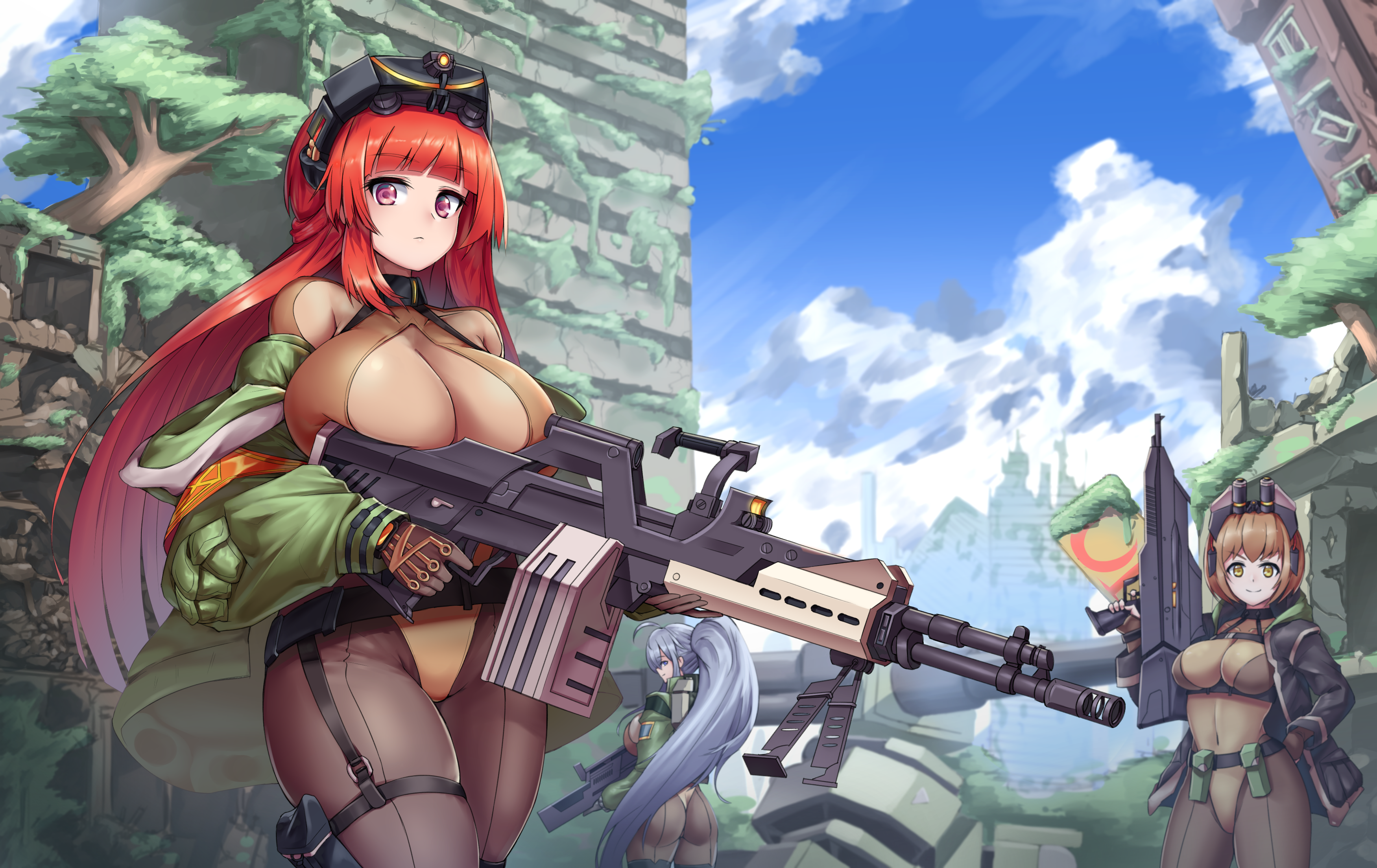 Konachan.com-304742assbodysuitbreastsbrown_haircloudsglovesgunkkumdollong_hairopen_shirtponytailred_hairruinsshort_hairskintightskytreeweapon.png