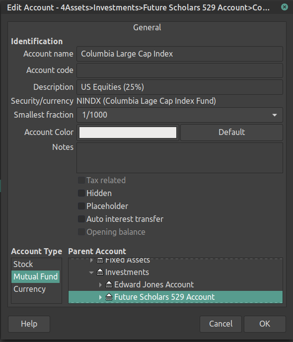 Mutual Fund Account Properties Window