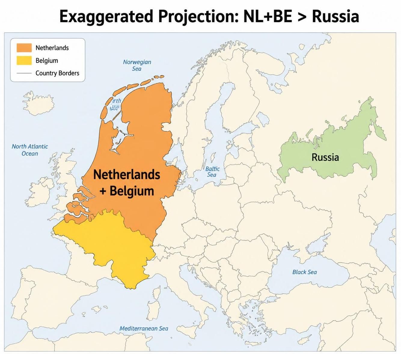 Map of Netherlands and Belgium vs Russia size