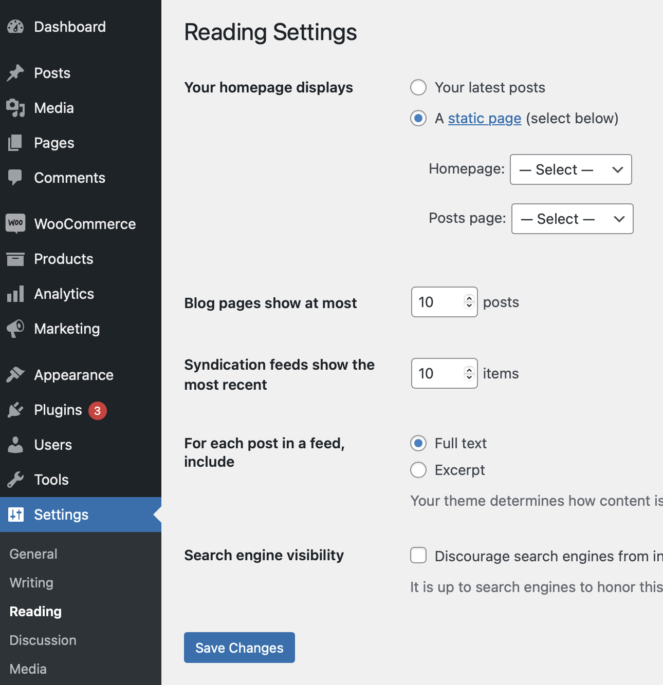 WordPress Reading Settings Page