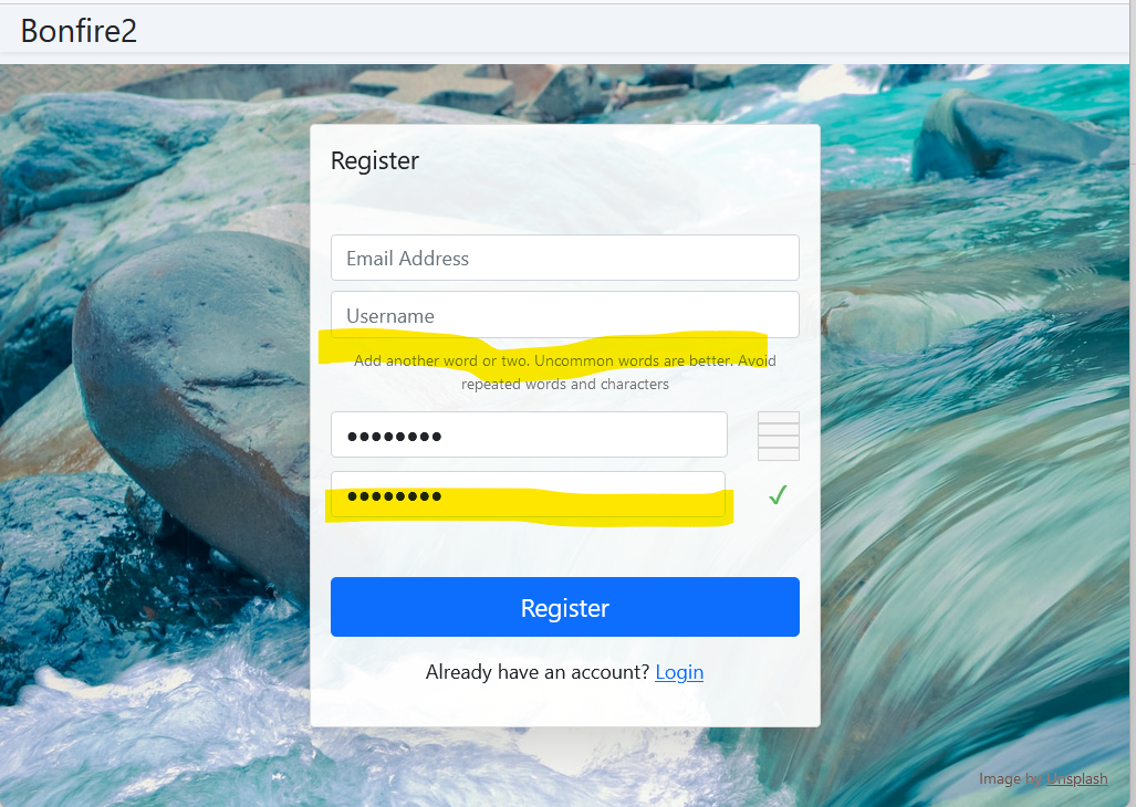 Bonfire2 registration screen