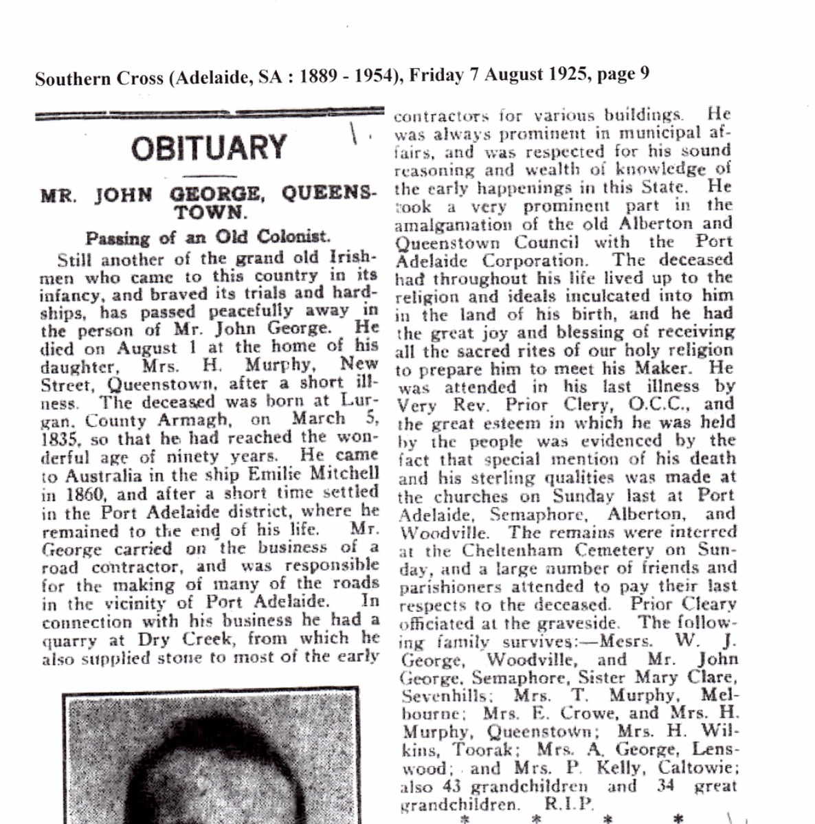 John George Obituary, 1925