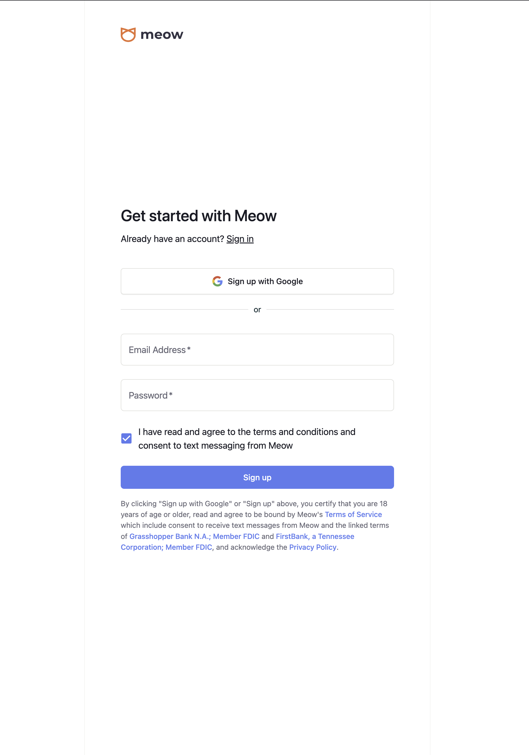 Meow text messaging consent