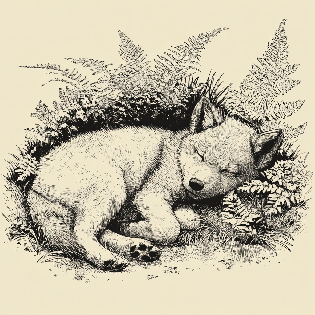 wafflesworth._wolf_cub_sleeping_on_tufts_of_grass_and_ferns_on__d67bcb4f-9442-43ef-9078-6bdb658e5198.png