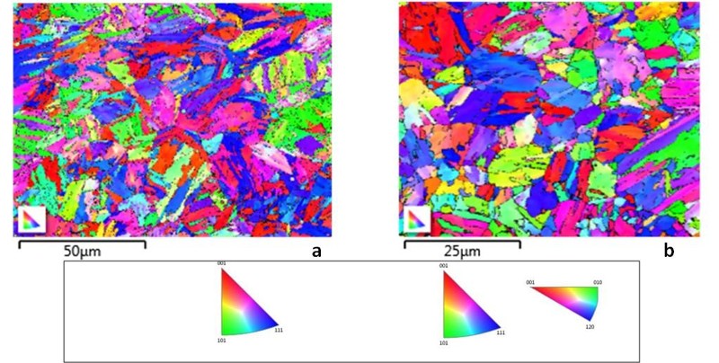 EBSD color maps of the pre exposed materials (a) P91 and (b) IN RAFMS.